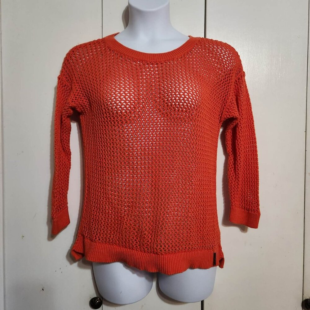 Michael Kors Women’s 1X Orange Open Knit Sweater Crochet Mesh Pullover Top Boho